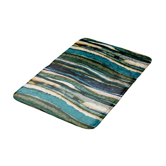 Blue Green Cream Abstrakt Agate Stripe Badematte (Schrägansicht)