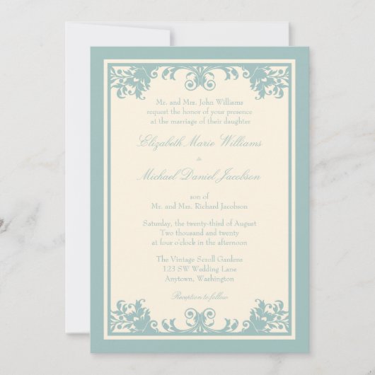 Blue Green Cream Vintagen Blüh Scroll Wedding Einladung (Vorderseite)