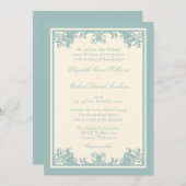 Blue Green Cream Vintagen Blüh Scroll Wedding Einladung (Vorne/Hinten)