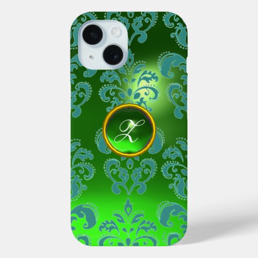 BLUE GREEN DAMASK EMERALD GEMSTONE MONOGRAMM Case-Mate iPhone HÜLLE (Rückseite)