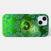 BLUE GREEN DAMASK EMERALD GEMSTONE MONOGRAMM Case-Mate iPhone HÜLLE (Rückseite (Horizontal))
