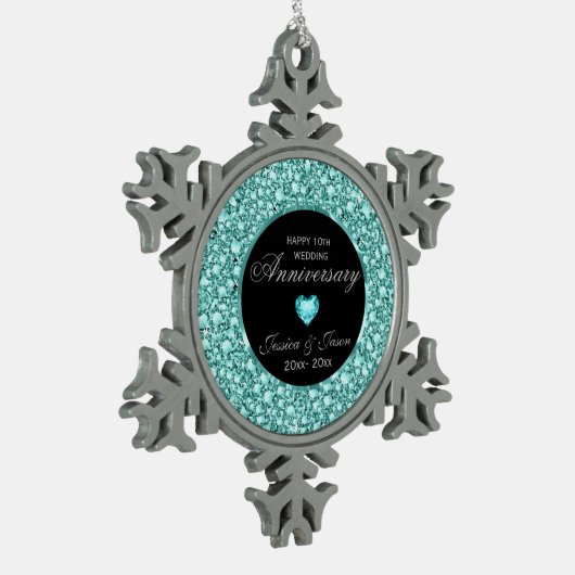 Blue-Green Diamonds Glitzer 10 Jahre Schneeflocken Zinn-Ornament (Links)