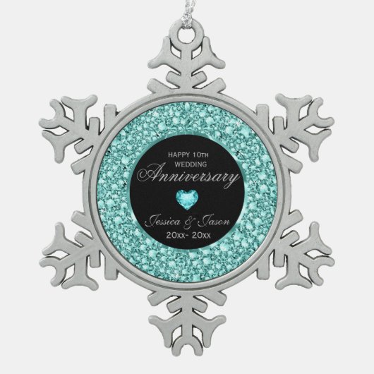 Blue-Green Diamonds Glitzer 10 Jahre Schneeflocken Zinn-Ornament (Vorderseite)