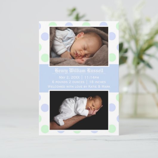 Blue & Green Dots 2 Fotos -3x5 Geburtshinweis Ankündigung (Stehend Vorderseite)