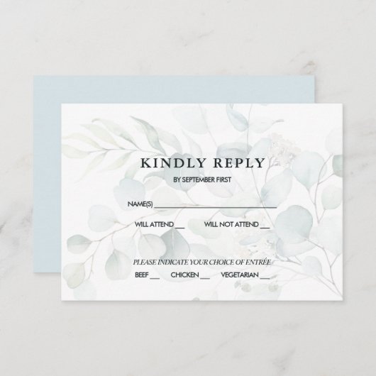Blue Green Eucalyptus Wedding RSVP Response Dark Einladung (Vorne/Hinten)
