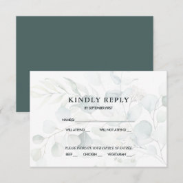 Blue Green Eucalyptus Wedding RSVP Response Dark I Einladung