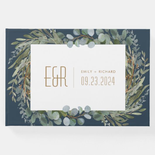 Blue Green Eukalyptus Frame Gold auf Weiß Gästebuch (Vorderseite)