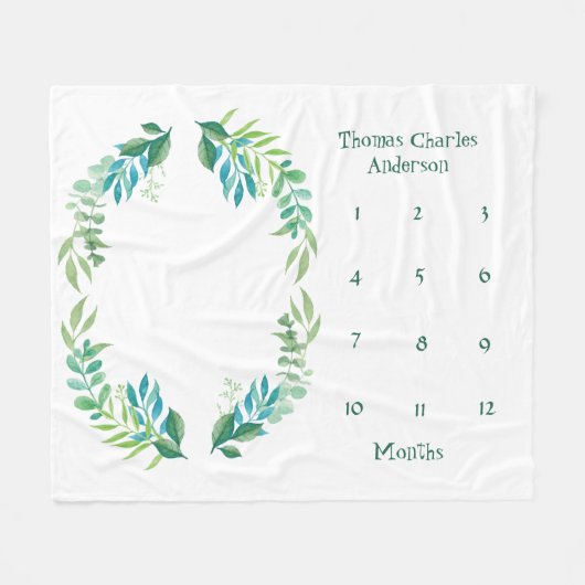 Blue Green Floral Blätter Baby Milestone Boy Baby Fleecedecke (Vorderseite (Horizontal))