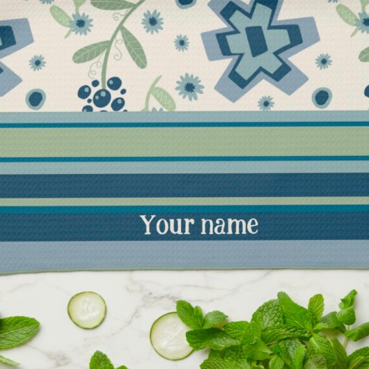 Blue Green Floral Fun Chic Personalisierter Name Geschirrtuch