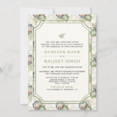 Blue Green Floral Ikat Anand Karaj Sikh Wedding Einladung (Vorderseite)
