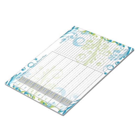 Blue Green Floral Weekly Personalized Menu Plan Notizblock (angewinkelt)