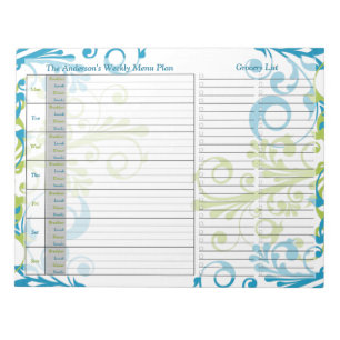 Blue Green Floral Weekly Personalized Menu Plan Notizblock