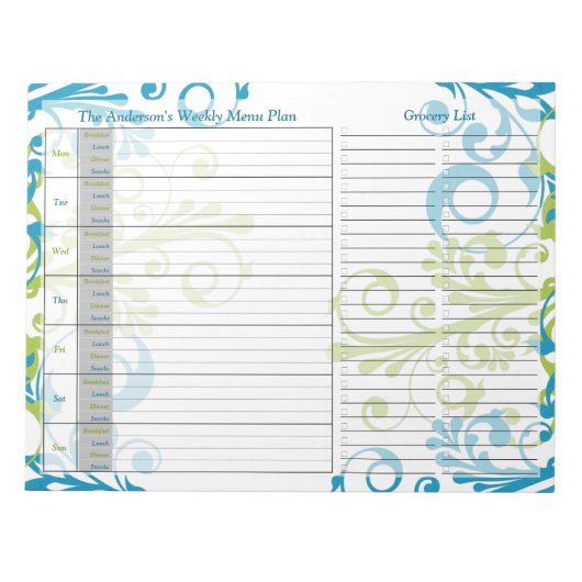 Blue Green Floral Weekly Personalized Menu Plan Notizblock (Vorderseite)