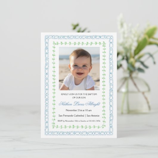 Blue Green Frame Einfache Taufe Einladung (Stehend Vorderseite)