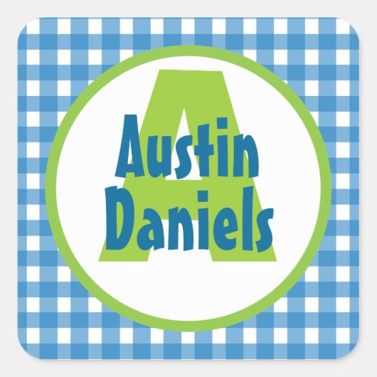 Blue Green Gingham Monogram Personalisiert Sticker (Vorderseite)
