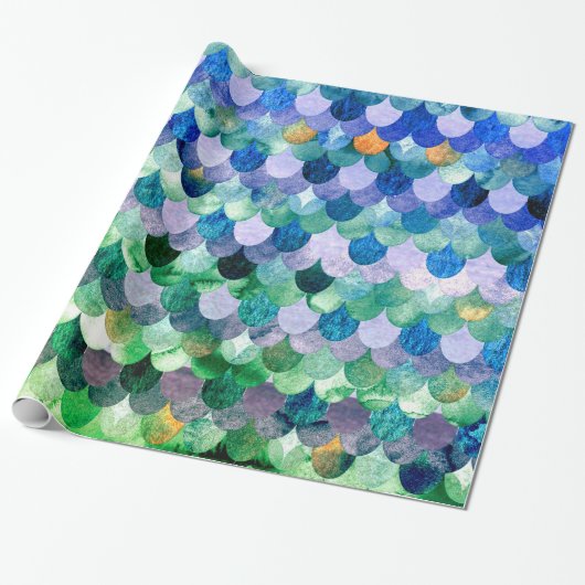 Blue Green Girly Mermaid Fish Scales Geschenkpapier (Ungerollt)