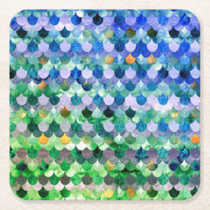 Blue Green Girly Mermaid Fish Scales Rechteckiger Pappuntersetzer