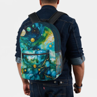 Blue Green Gold Alcohol Ink Cosmos Bedruckter Rucksack