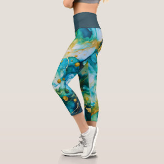 Blue Green Gold Alcohol Ink Cosmos Capri Leggings