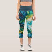 Blue Green Gold Alcohol Ink Cosmos Capri Leggings (Vorderseite)
