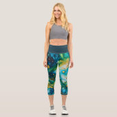 Blue Green Gold Alcohol Ink Cosmos Capri Leggings (Vorderseite)