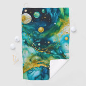 Blue Green Gold Alcohol Ink Cosmos Golfhandtuch (Insitu)