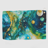 Blue Green Gold Alcohol Ink Cosmos Golfhandtuch (Horizontal)