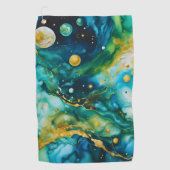 Blue Green Gold Alcohol Ink Cosmos Golfhandtuch (Vorderseite)