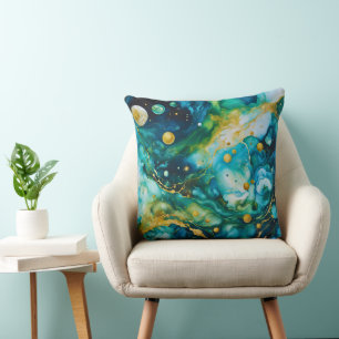 Blue Green Gold Alcohol Ink Cosmos Kissen