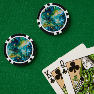 Blue Green Gold Alcohol Ink Cosmos Pokerchips
