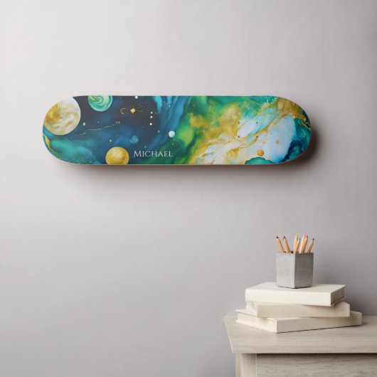 Blue Green Gold Alcohol Ink Cosmos Skateboard (Wandkunst (Horz))