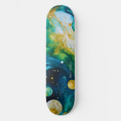 Blue Green Gold Alcohol Ink Cosmos Skateboard (Vorderseite)