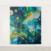 Blue Green Gold Alcohol Ink Cosmos Wandteppich (Vorderseite)