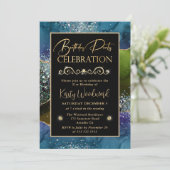 Blue & Green & Gold Glitzer Agate Birthday Party Einladung (Stehend Vorderseite)