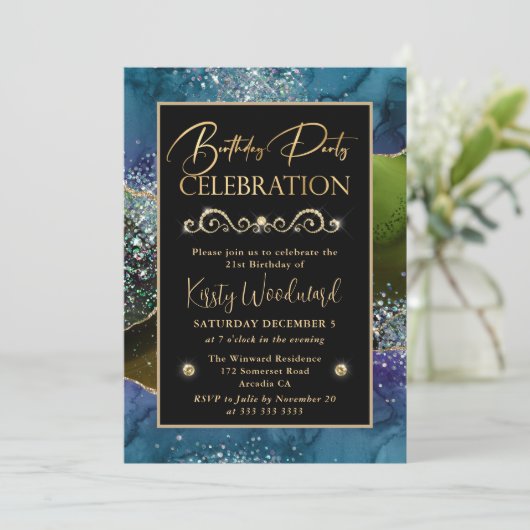 Blue & Green & Gold Glitzer Agate Birthday Party Einladung (Stehend Vorderseite)
