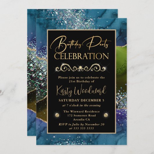 Blue & Green & Gold Glitzer Agate Birthday Party Einladung (Vorne/Hinten)