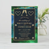 Blue & Green & Gold Glitzer Peacock Agate Wedding Einladung (Stehend Vorderseite)