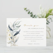 Blue Green Gold Leafy Botanical Floral Wedding Dankeskarte (Stehend Vorderseite)