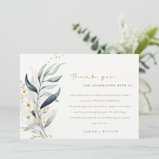 Blue Green Gold Leafy Botanical Floral Wedding Dankeskarte (Stehend Vorderseite)