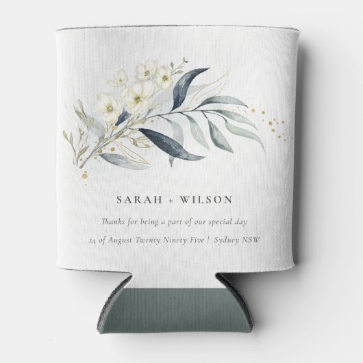 Blue Green Gold Leafy Botanical Floral Wedding Dosenkühler (Vorderseite)