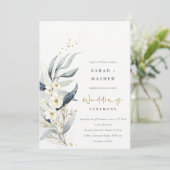 Blue Green Gold Leafy Botanical Floral Wedding Einladung (Stehend Vorderseite)