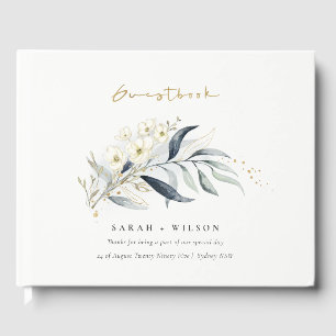 Blue Green Gold Leafy Botanical Floral Wedding Gästebuch