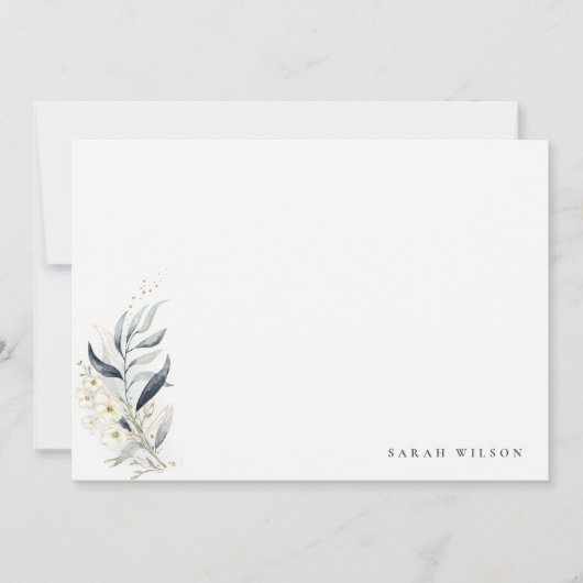 Blue Green Gold Leafy Botanical Floral Wedding Mitteilungskarte (Vorderseite)