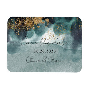 Blue Green Gold Paint Agate Wedding Save the Date Magnet