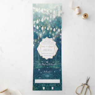 Blue Green Gold Rustic Chic Forest Wedding Dreifach Gefaltete Einladung