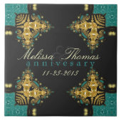 Blue Green +Gold Tribal Anniversary Keepake Tile Fliese (Vorderseite)
