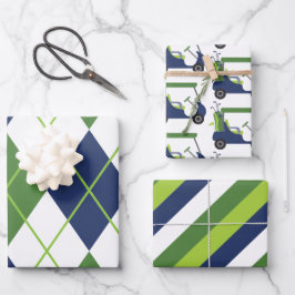 Blue & Green Golf Raute Streifen Geschenkblätter Geschenkpapier Set