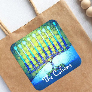 Blue Green Hanukkah Menorah Hinzufügen Sie Ihren N Quadratischer Aufkleber