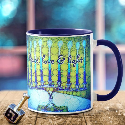 Blue Green Hanukkah Menorah Peace Love Light Quote Tasse