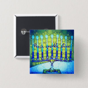 Blue Green Hanukkah Menorah Peace Sparkine Shine Button